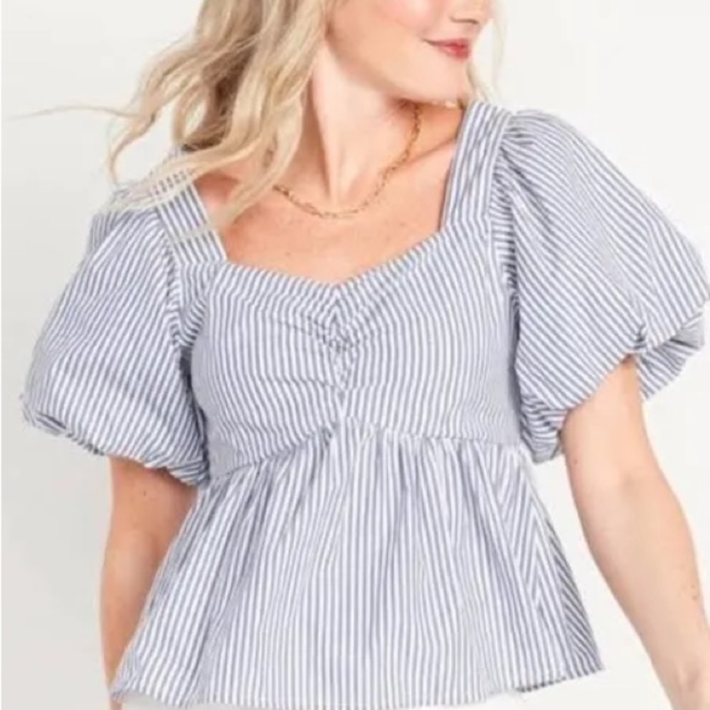 NWT Striped Puff-Sleeve Peplum Top - Blue/White